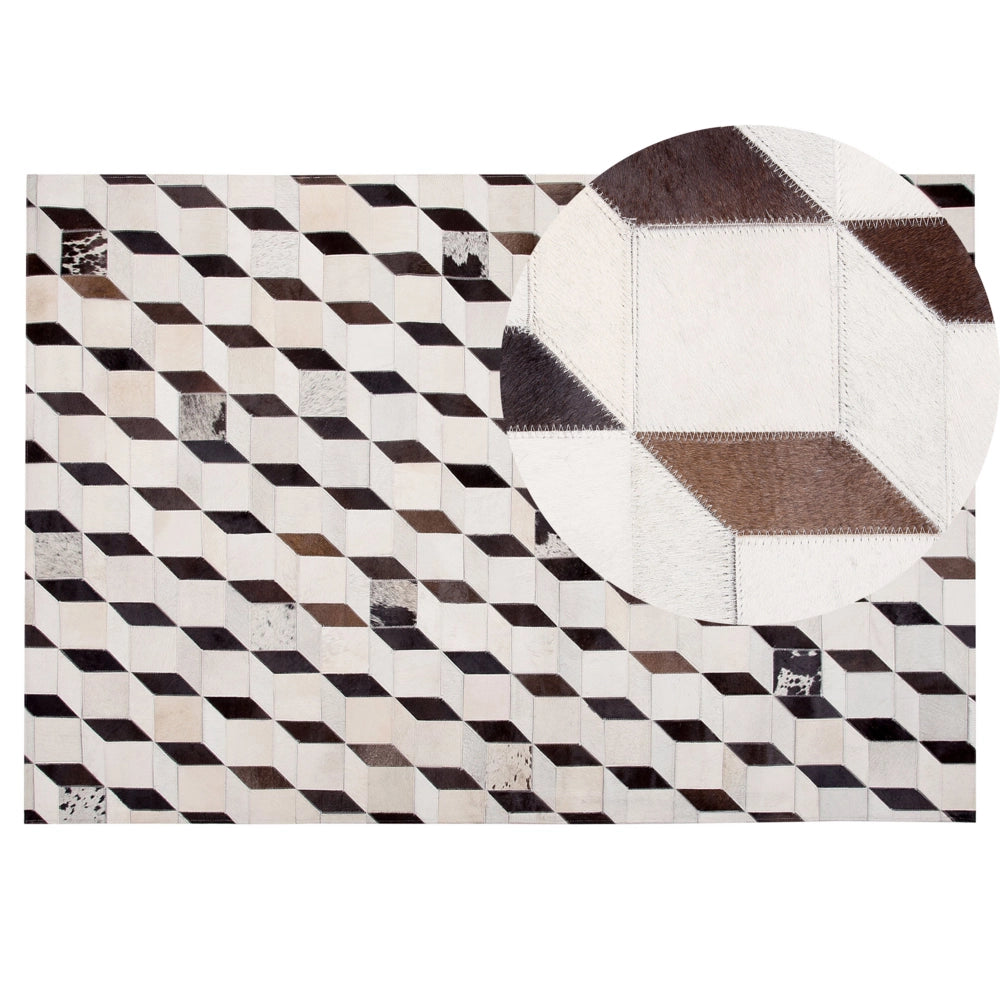 Tappeto Crema Pelle 140 x 200 cm Moderno Patchwork Pelle Bovina Motivo 3D Tappeto Rettangolare Fatto a Mano