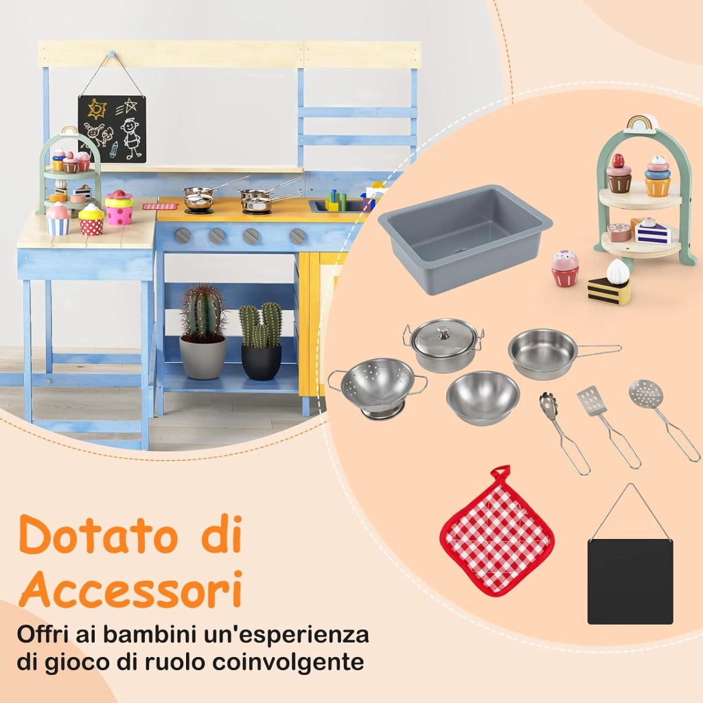 Cucina Giocattolo per Giardino con Tavolo e Panchina da Picnic, Cucina per Bambini in Legno di Abete con Fornelli, Lavandino, Lavagna e Forno, con 17 Accessori, 150 x 71 x 98 cm (Blu)