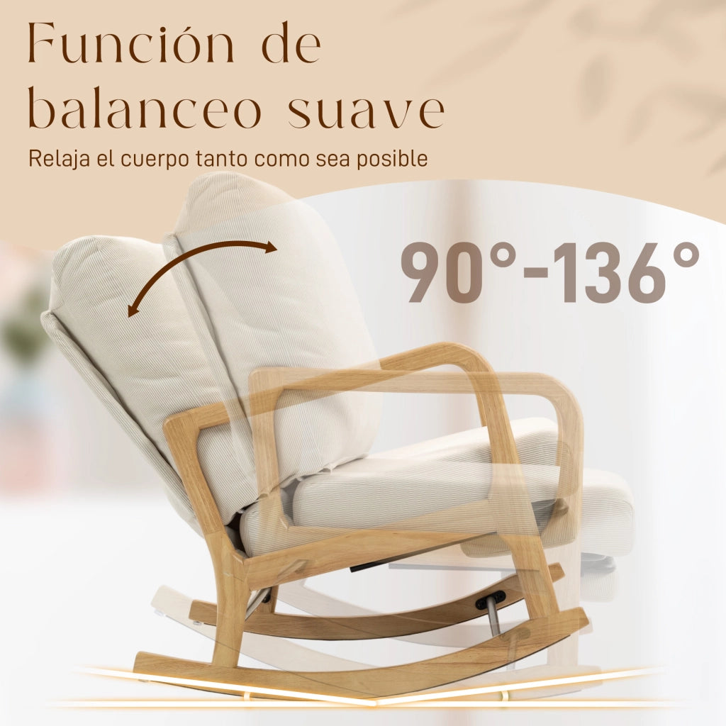 Poltrona a Dondolo con Poggiapiedi e Schienale Aggiustabile ¨C Zephmum ¨C Velluto Crema e Gambe in Legno