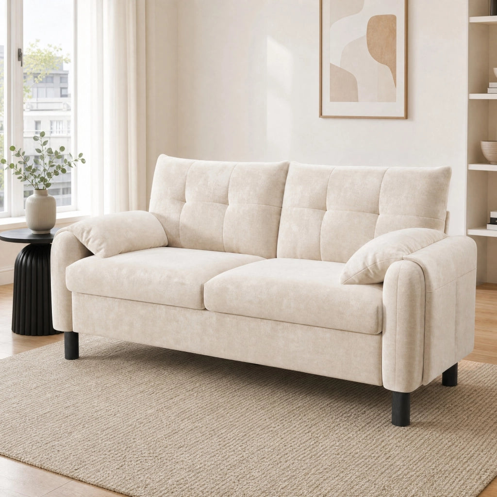 Divano 2 posti compatto in tessuto chenille beige; 158 cm; con tasche laterali