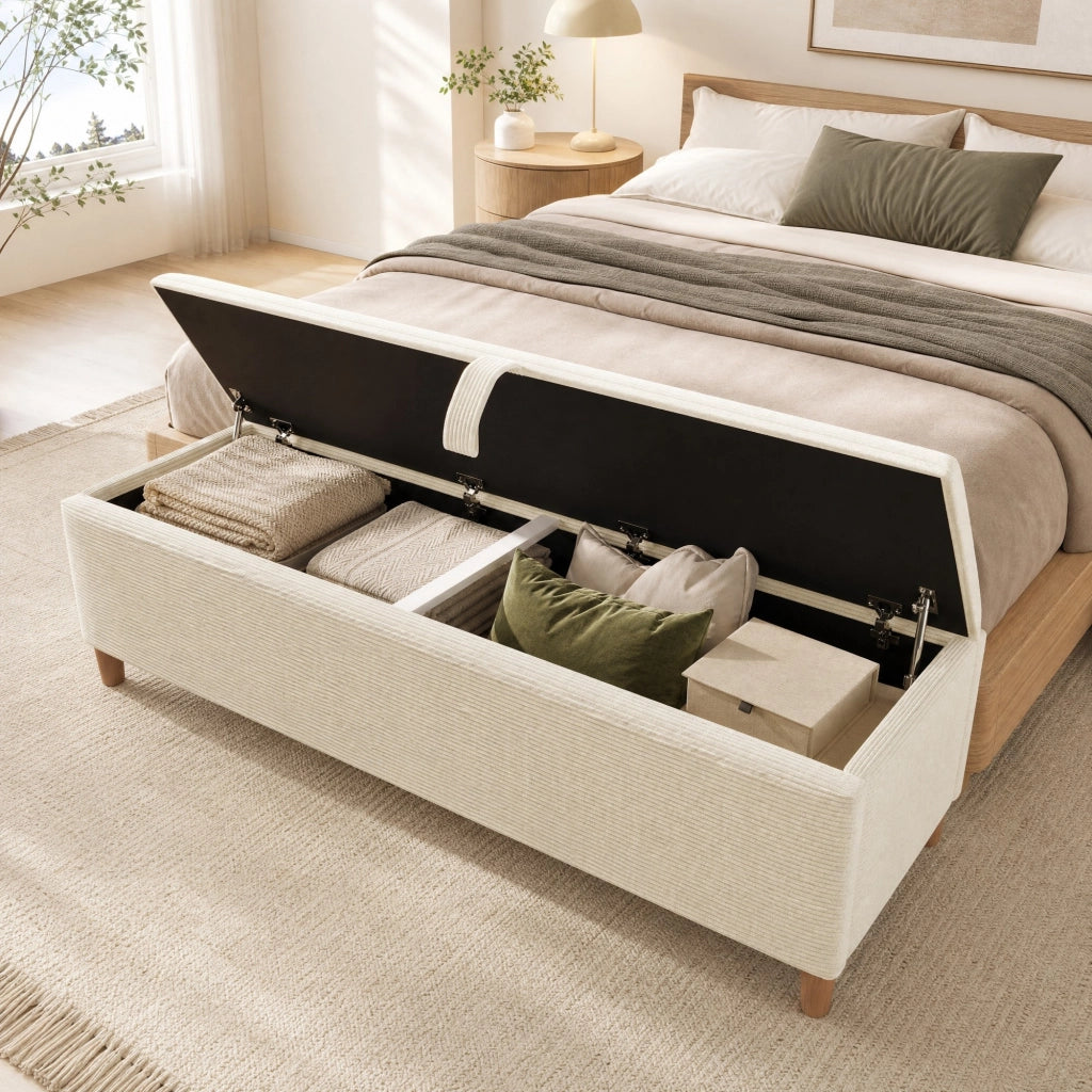 LETTO matrimoniale 160x200 cm con materasso, LED, panca contenitore, rovere chiaro e beige
