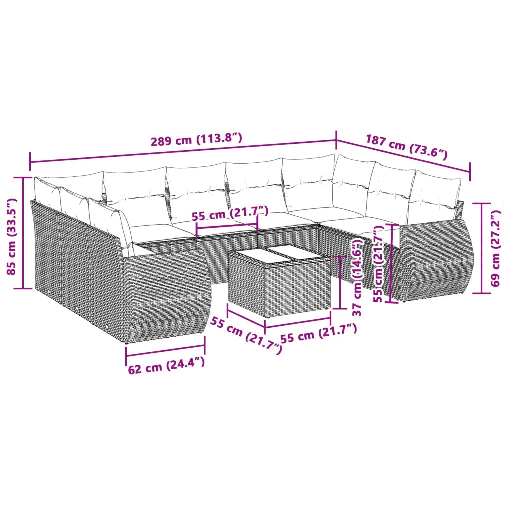 Set Divano Giardino 10 pz con Cuscini Grigio Chiaro Polyrattan 3221811