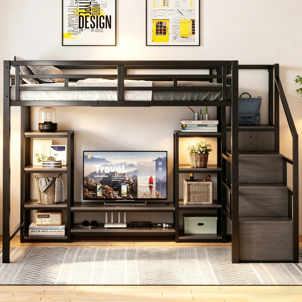 Letto a soppalco 140 × 200 cm con supporto TV, presa elettrica e scala contenitore, senza materasso, in metallo, nero