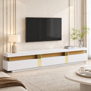 Mobile porta TV moderno con piano in effetto marmo, tre cassetti e passacavi, bianco, 200 × 40 × 42 cm