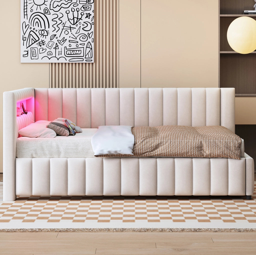 Divano letto 140x200 cm; LED e USB; velluto beige (Senza materasso)