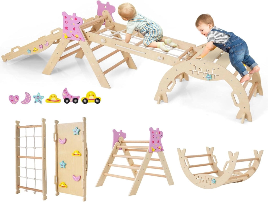 8 in 1 Set da Arrampicata per Bambini, Giocattoli da Arrampicata Pieghevoli con Triangolo Arco e Rampa, Giochi Montessori per Bambini 1 Anni + (Unicorno 4 pezzi, Macaron)