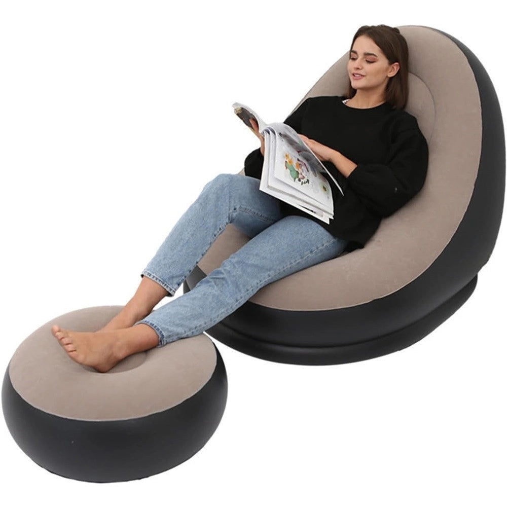 Trade Shop - Sedia Gonfiabile Poltrona Lounge Con Sgabello Portatile Pvc Floccato Per Campeggio -