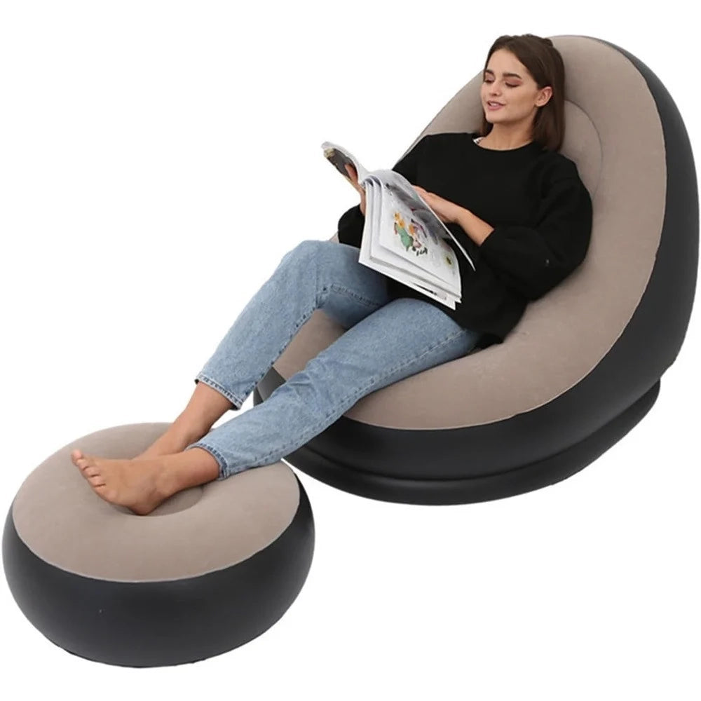 Trade Shop - Sedia Gonfiabile Poltrona Lounge Con Sgabello Portatile Pvc Floccato Per Campeggio -