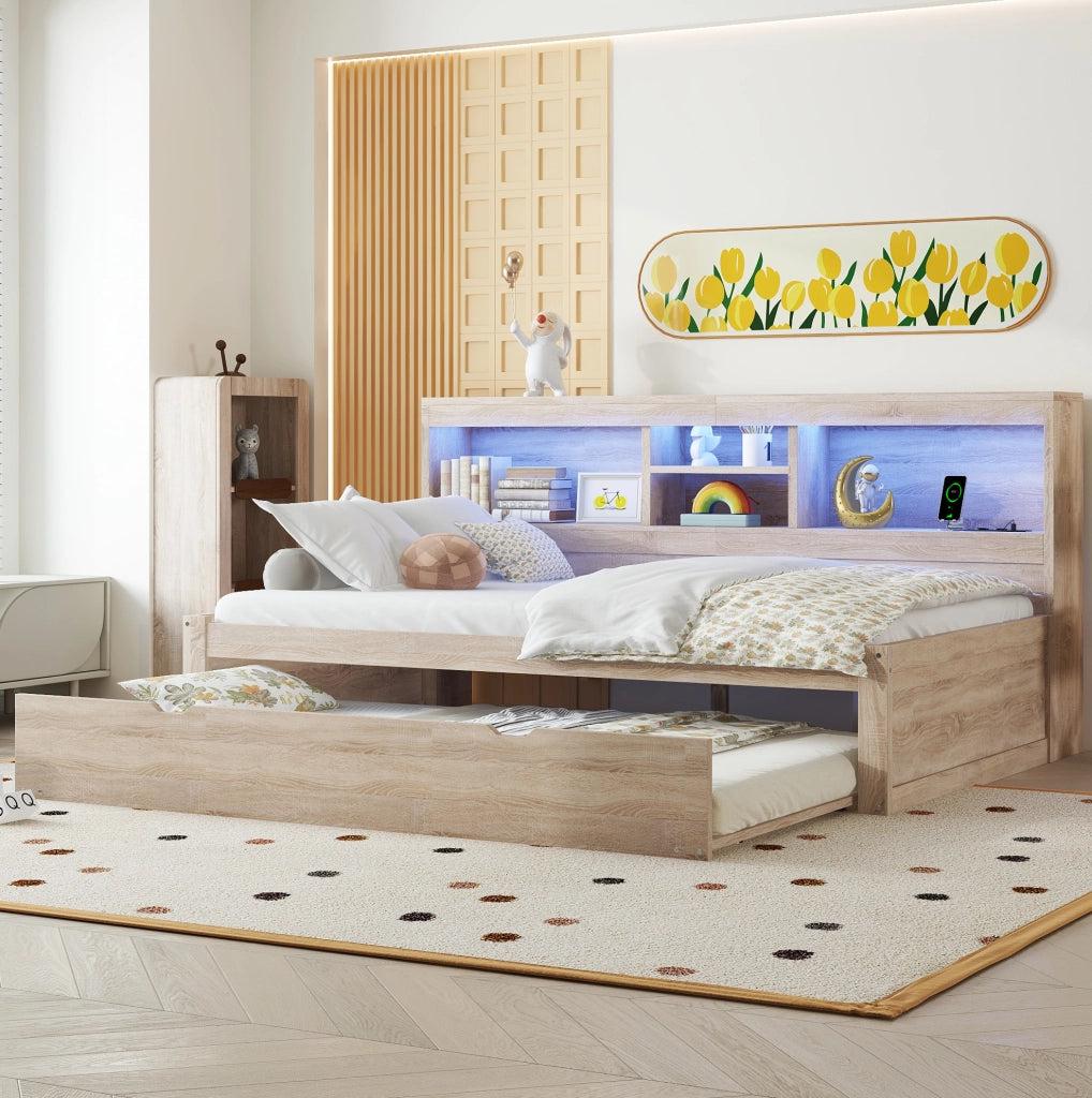 Letto daybed 90x200 cm con letto estraibile; LED; prese e USB; naturale