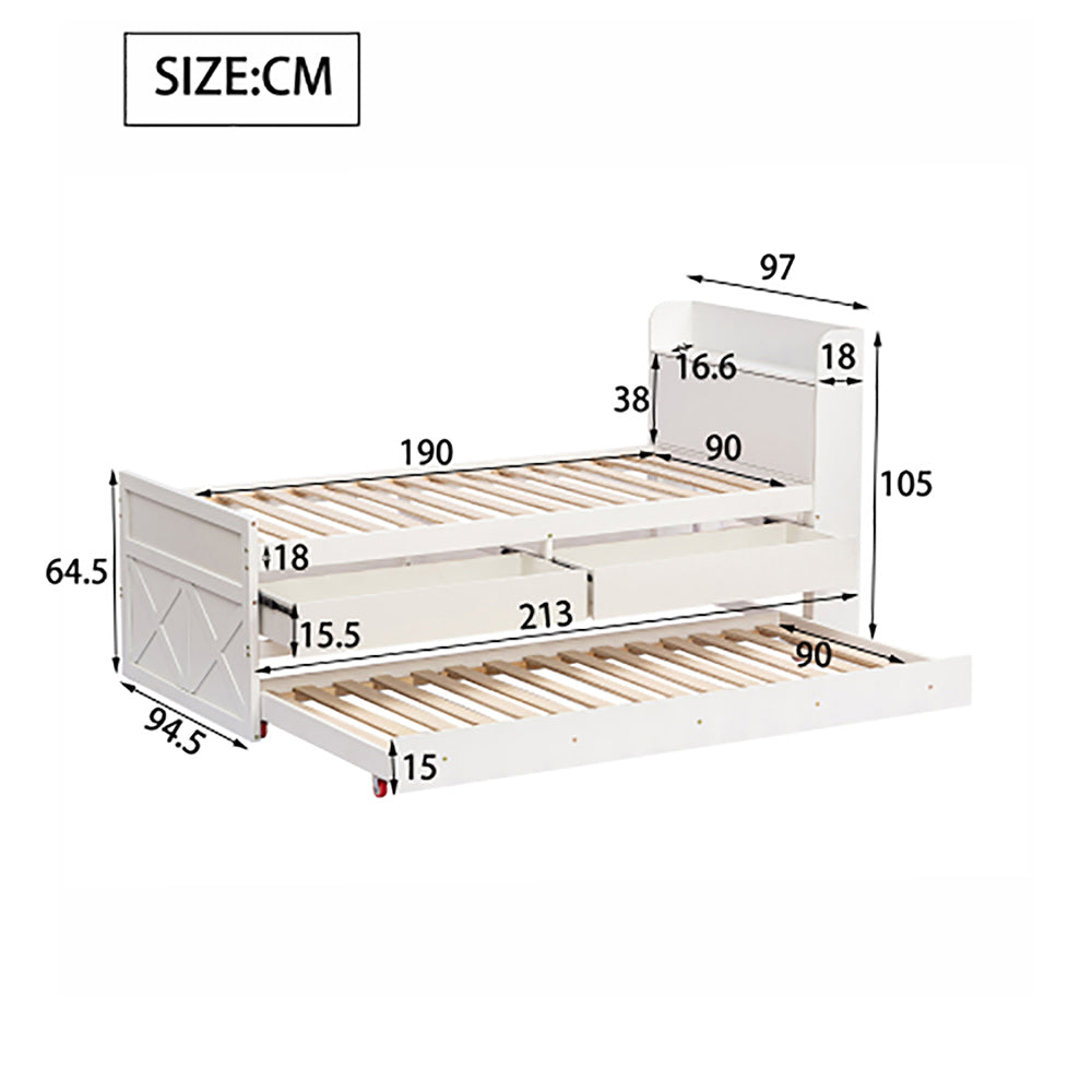 Letto singolo in legno massello di pino - Xylo - 90x190 - Bianco - 2 cassetti e porta USB