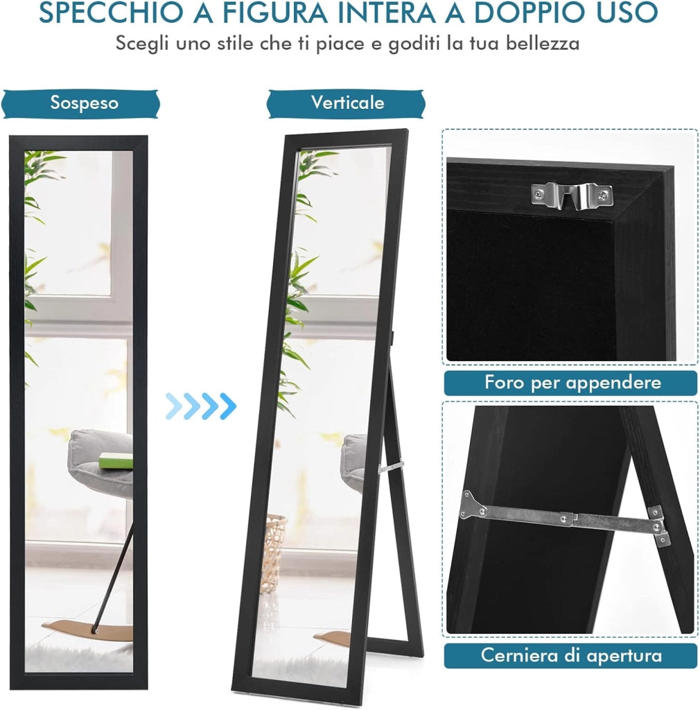 Specchiera da Terra Autoportante a Figura Intera, Specchio Rettangolare, in Legno (Nero)
