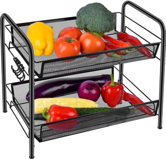Organizzatore per spezie da contorno, 2 livelli di contenitore per frutta e verdura, piastra verticale con contenitori a maglia per uso domestico, cucina, bagno, ufficio ecc.