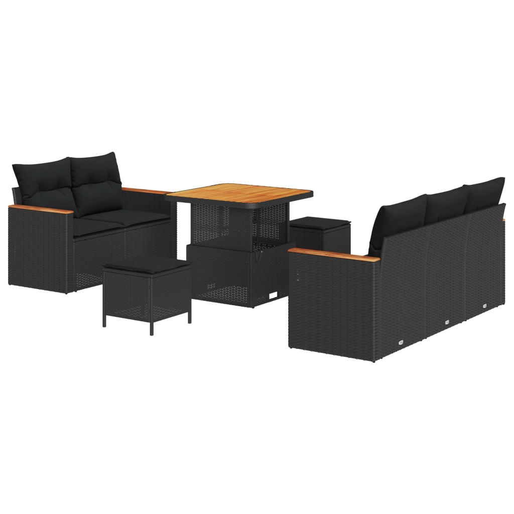 Set Divani Giardino  8 Pezzi con Cuscini Nero in Polyrattan Acacia