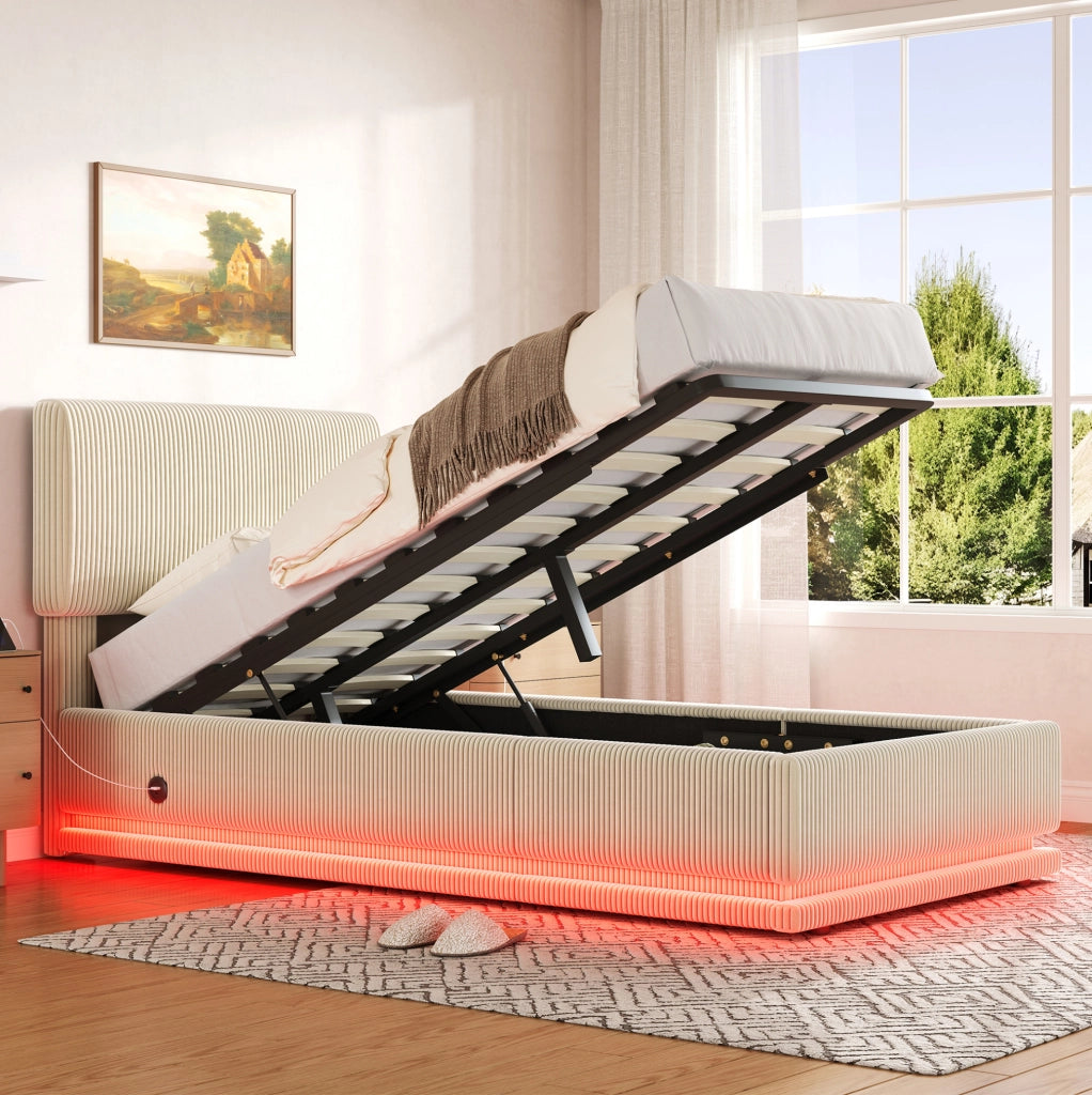 Letto imbottito 90x200 cm con LED e USB-C; testiera regolabile; velluto a coste beige