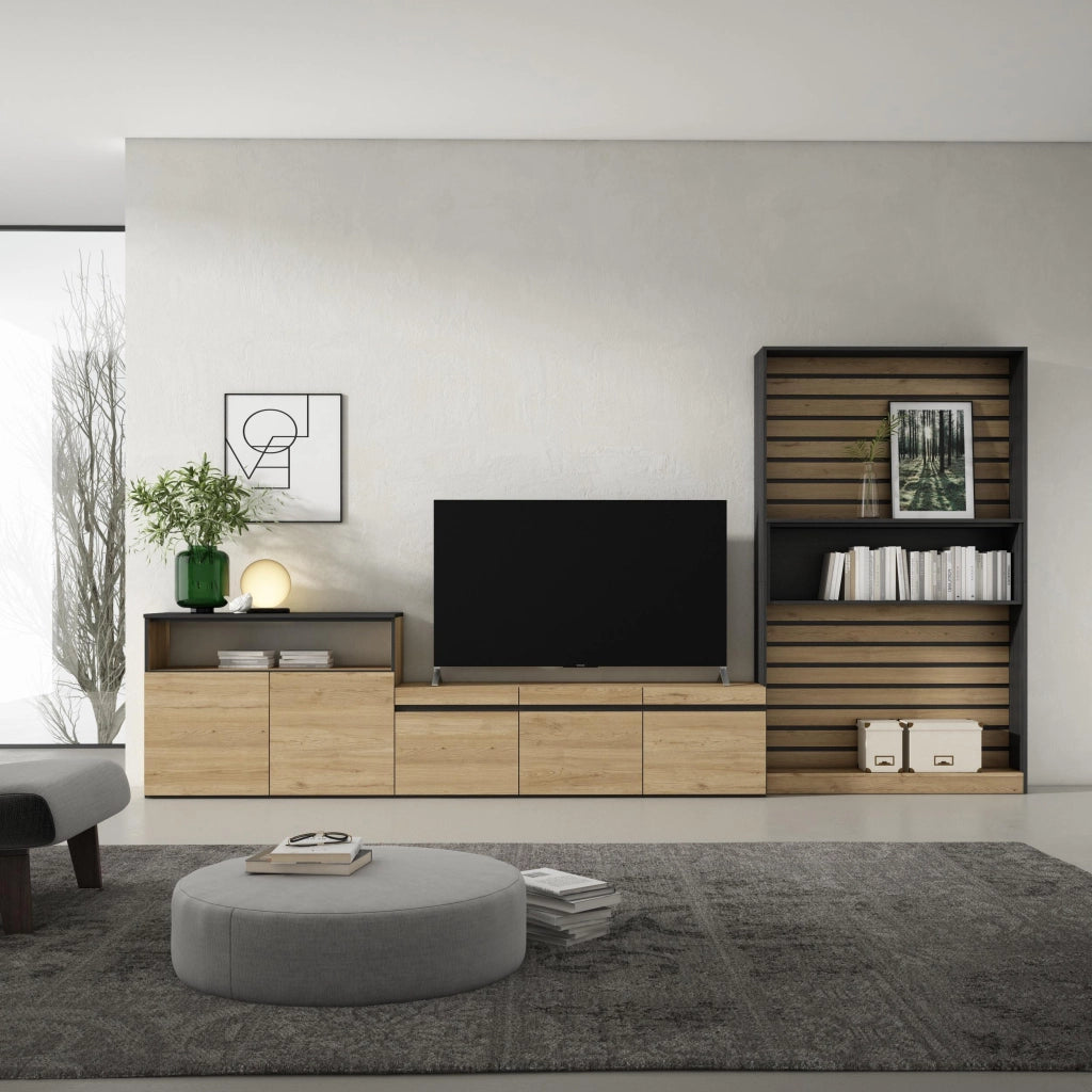 Mobile TV, Soggiorno, 360x35x186cm, Per TV fino a 65", Set di mobili, colore Rovere e nero RF3162