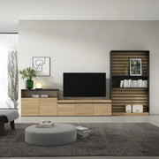 Mobile TV, Soggiorno, 360x35x186cm, Per TV fino a 65", Set di mobili, colore Rovere e nero RF3162