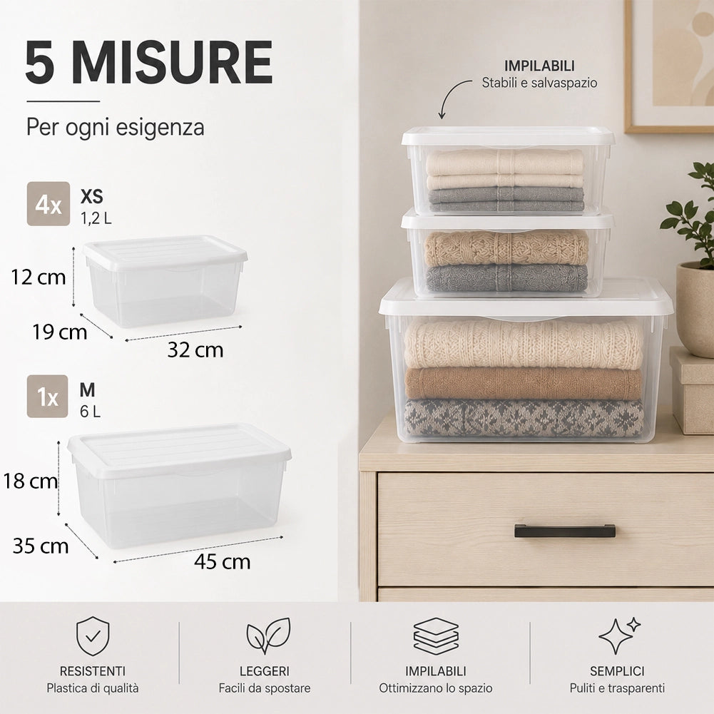 Set 5 Contenitori in Plastica Spring Box 1M + 4XS Coperchio Bianco Portaoggetti