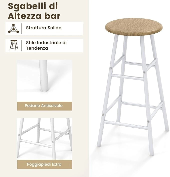 Set 3 Pezzi Tavolo e Sedie da Bar, Tavolo e Sgabelli da Pub Industriale con Porta Calici e 6 Portabottiglie da Vino, Set di Tavolo per Sala da Pranzo, Ristorante e Bar (Legno)