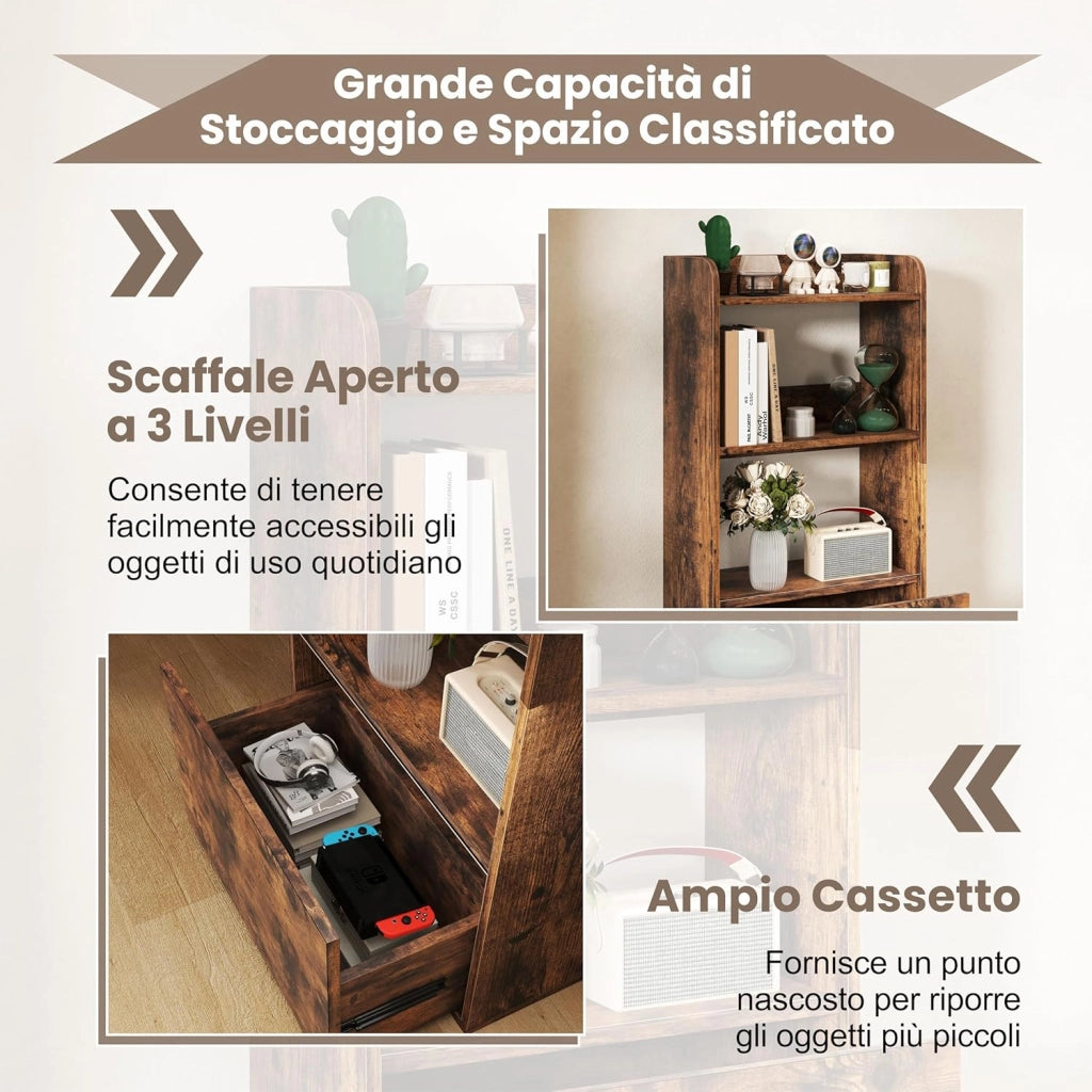 Libreria Aperta a 3 Ripiani, Scaffale Salvaspazio in Legno con Cassetto, Scaffale Portaoggetti Espositivo per Camera da Letto, Soggiorno, Cucina e Ingresso, 55 x 29 x 105 cm (Marrone)