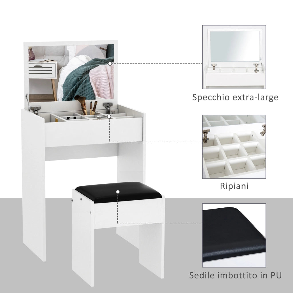 EasyComfort Postazione Trucco con Specchio Richiudibile, Toeletta Trucco Moderno, con Sgabello, Vano Contenitore a 10 Scomparti, MDF Bianco, 60.2 x 40.2 x 79cm