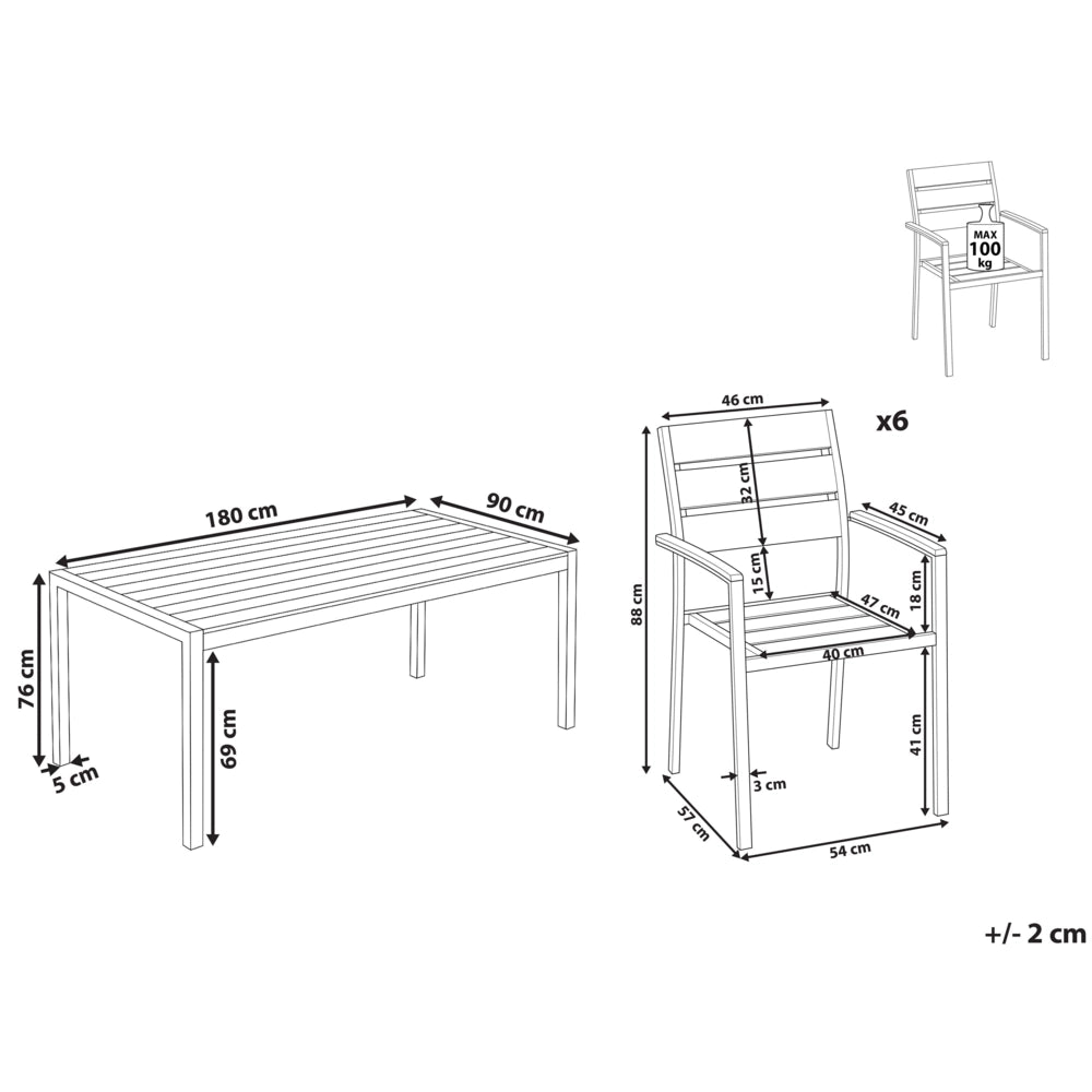 Set da Giardino 6 Sedie Tavolo Rettangolare Legno Chiaro e Nero in Alluminio Anodizzato