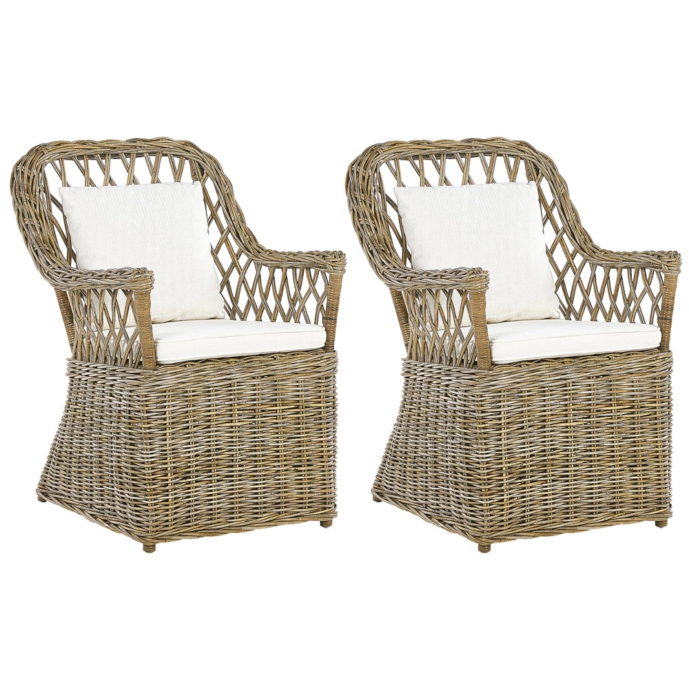 Set di 2 poltrone da giardino in rattan naturale con cuscini per schienale in cotone bianco sporco per interni ed esterni