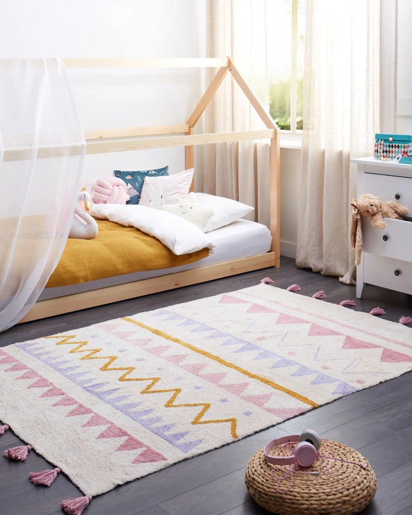 Tappeto per cameretta con motivo astratto e nappe beige e verde 140 x 200 cm cameretta nursery soggiorno