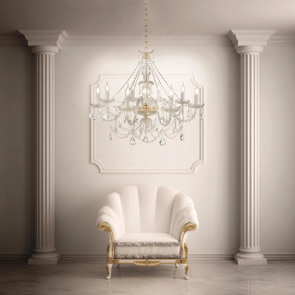 LAMPADARIO OPERA 8 LUCI TRASPARENTE E ORO ATTACCO E14 VETRO E CRISTALLO D.84CM