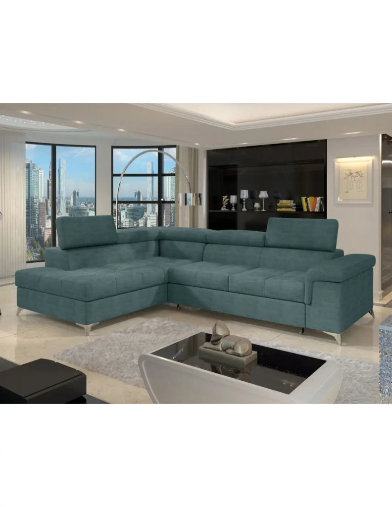 Divano angolare convertibile PALAZZO 4 posti verde blu – angolo sinistro con contenitore