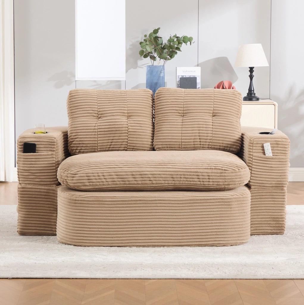 Poltrona letto 2 in 1 in velluto a coste kaki con portabevande