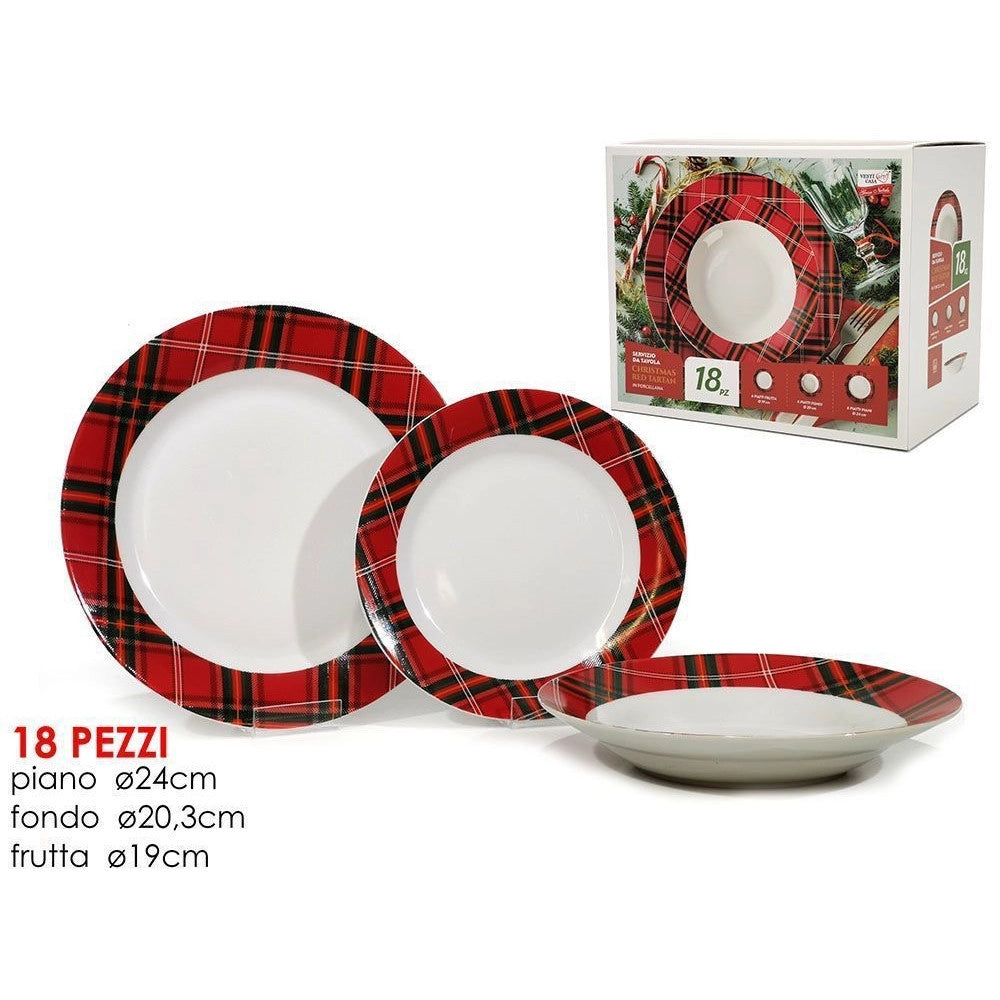 Trade Shop - Set Servizio Di 18 Pz Piatti Con Motivo A Bordo Tartan In Porcellana Da Tavola Natalizio -