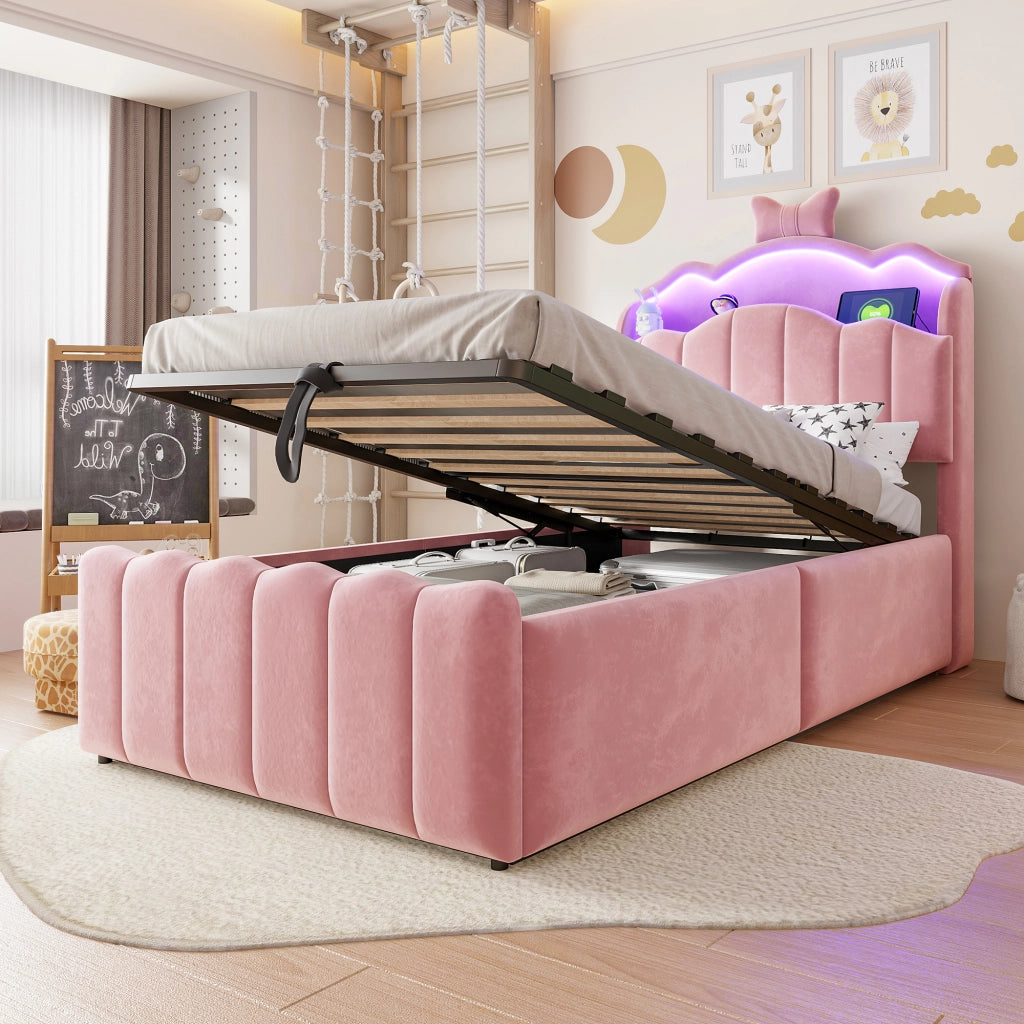 Letto per Bambini 90x200 cm; Contenitore Idraulico; USB; USB-C; LED a Colori; in Velluto; Rosa