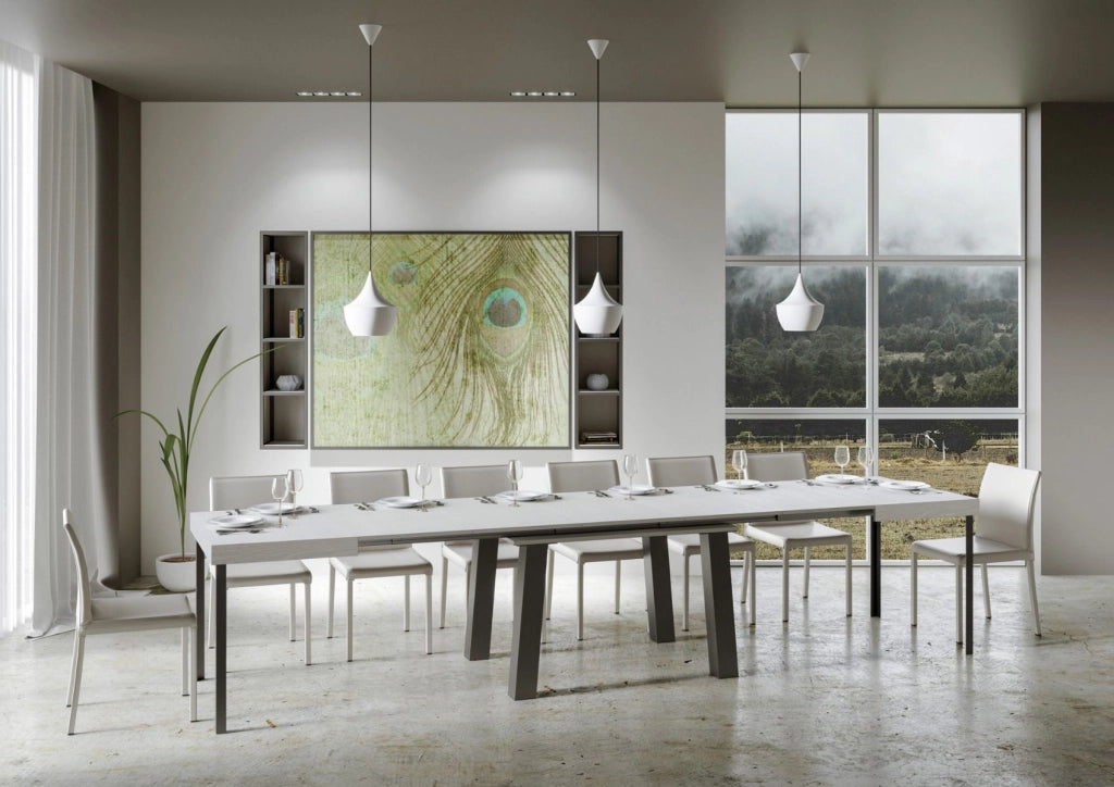 Tavolo Allungabile 140-400x90x77 cm Bridge Bianco Frassino Telaio Antracite