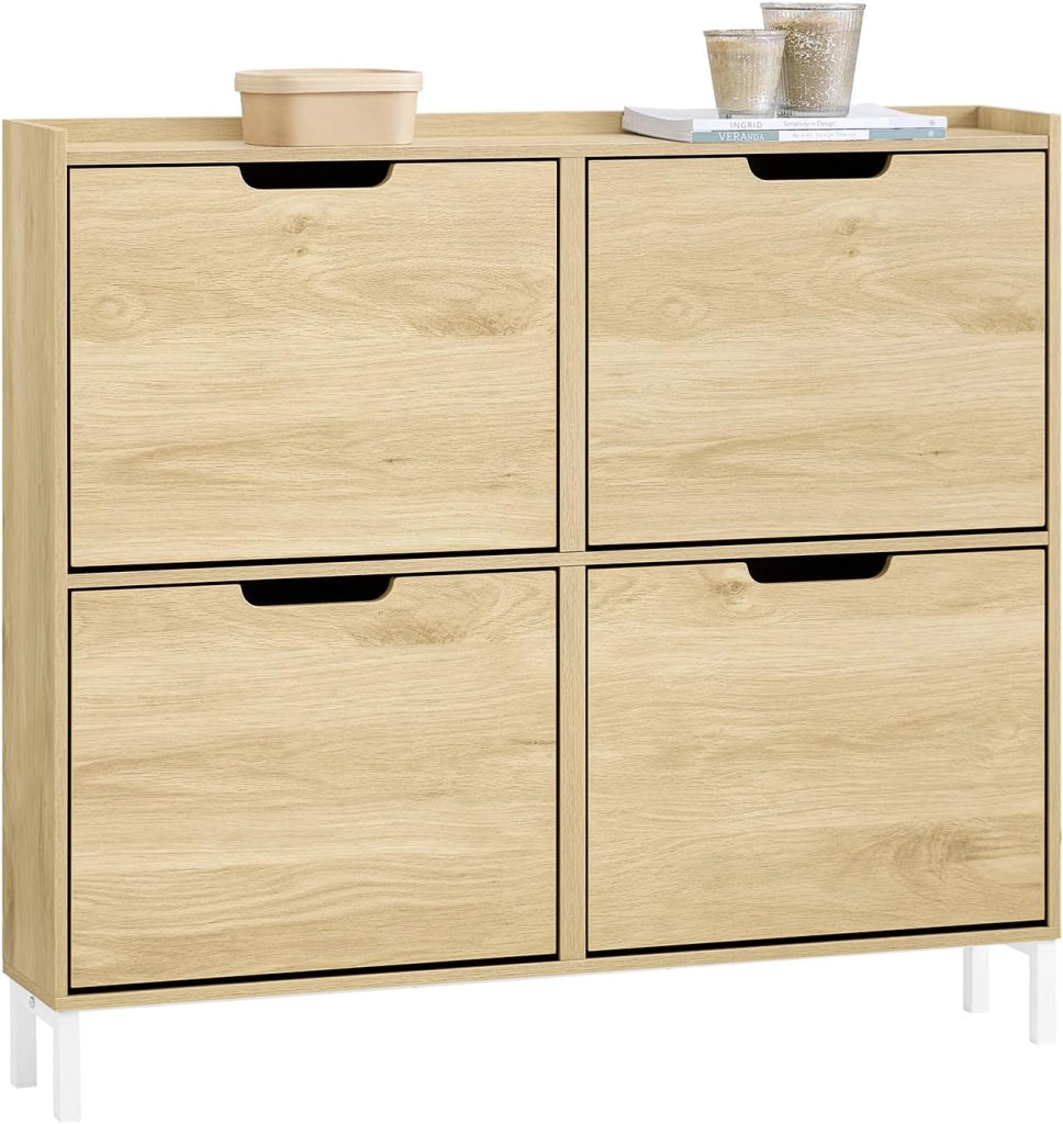 Scarpiera Salvaspazio Slim da Ingresso – Mobile Portascarpe con 4 Ante a Ribalta Regolabili in Legno – Armadio Scarpiera Alta e Stretta per Bagno o Corridoio, 100x19x91 cm，Naturale, FSR100-N
