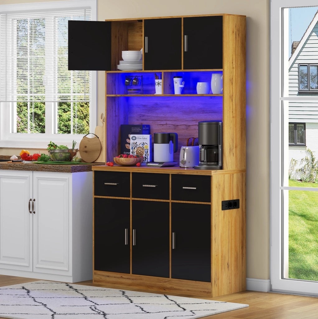 Credenza 100x40x180 cm con LED e controllo APP; prese USB; ripiani regolabili; naturale e nero