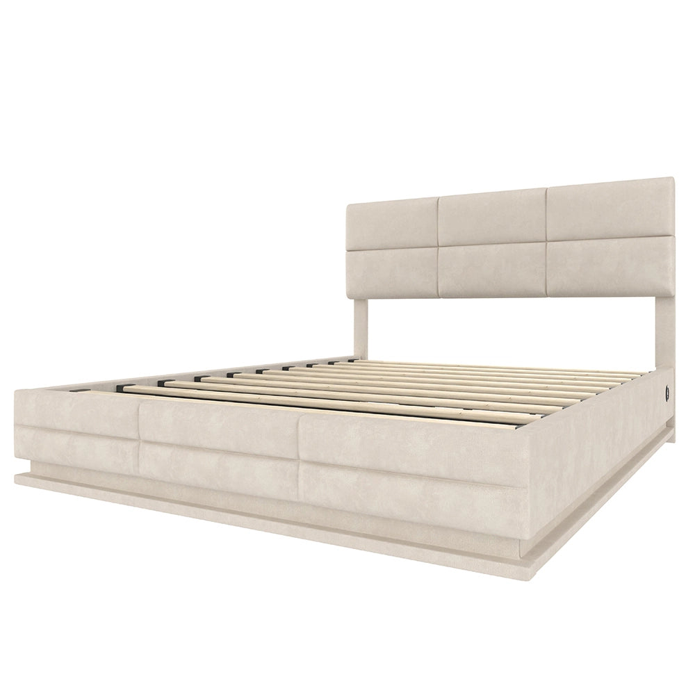 Letto 180x200cm imbottito - Xylo - velluto beige USB idraulico LED