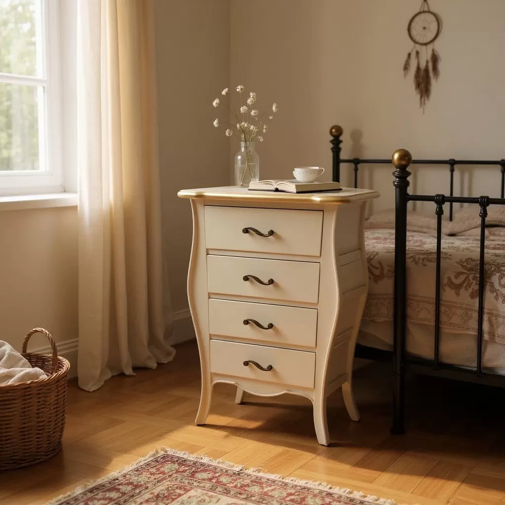 Cassettiera 4 cassetti legno shabby avorio anticato filo oro 62x42x105 - Mobili 2G