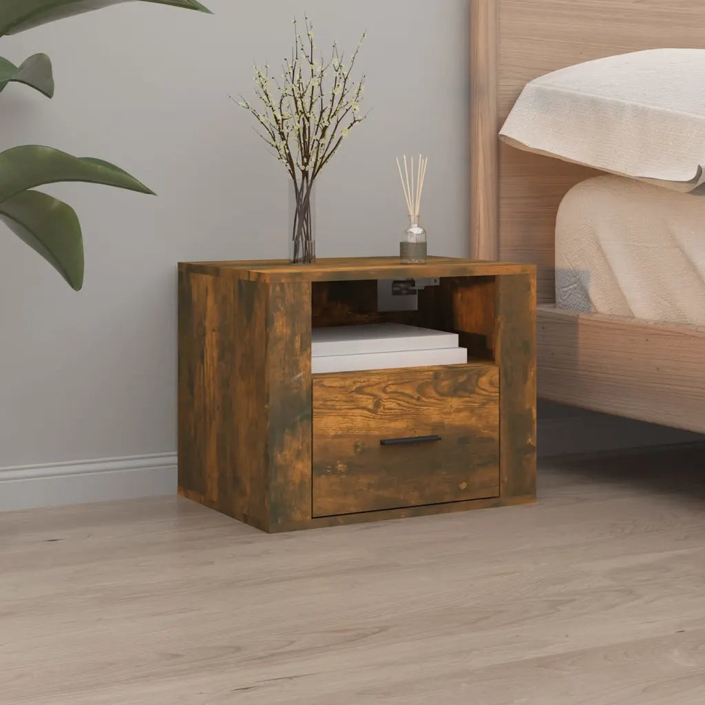 Set di 2 Comodini | Armadio da Notte | Mobiletto da notte a Muro Rovere Fumo 50x36x40 cm
