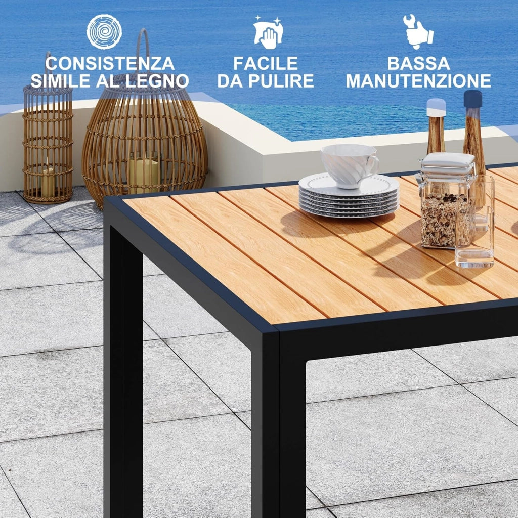 Tavolo da Giardino HDPS Resistente alle Intemperie, 150 x 80 x 74 cm Tavolino da Esterno Finitura a Vena di Legno e Facile da Manutenzionare, Tavolo da Pranzo Esterno per 4 a 6 Persone,Naturale