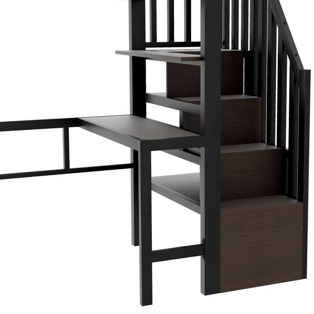 Letto a soppalco ULEVR 90x200 cm con scrivania, scaffali, gradini contenitore e LED controllabile via app, nero