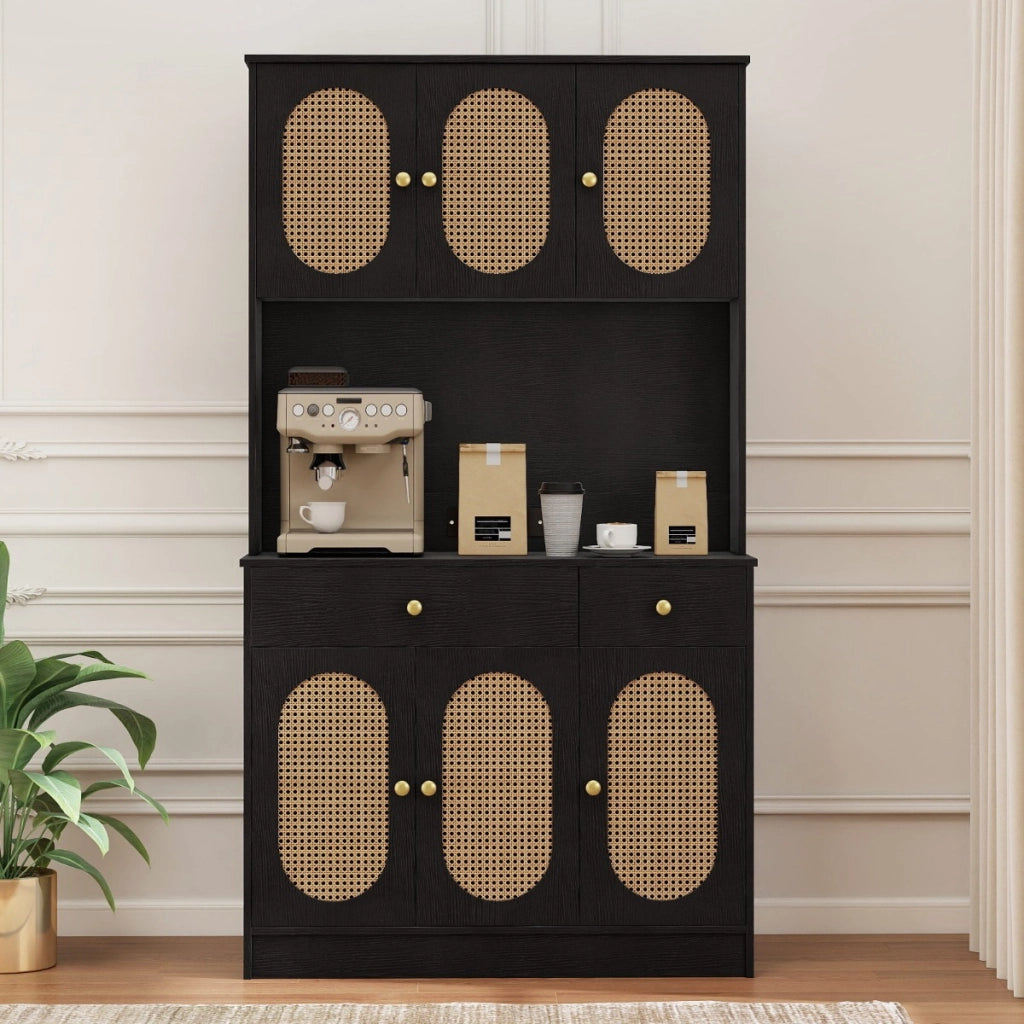 Credenza indipendente boho per soggiorno con 6 ante in rattan 2 cassetti, Mobile dispensa 180 cm con vetrina Nero-Credenze buffet