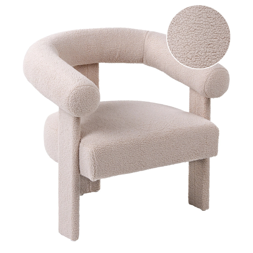 Poltrona da salotto in stile retrò, rivestita in bouclé con gambe beige chiaro per soggiorno