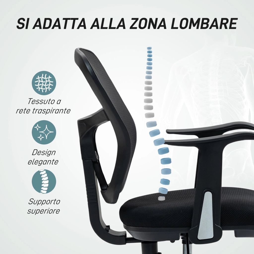Sedia Girevole 55x58x94 cm con Anello Poggiapiedi e Schienale Ricurvo Nero