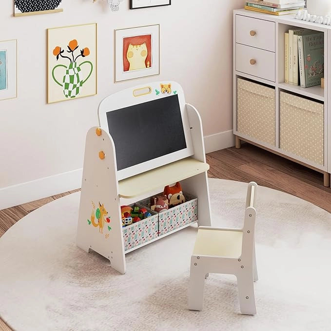 Set Tavolo e Sedia per Bambini, Lavagnetta Cancellabile Bambini con Sedia, Scaffale, 2 Contenitori in Tessuto, Gomma e Gessetti, Tavolino per Cameretta (Naturale)