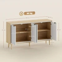Credenza Moderna a 4 Ante con Ripiano Regolabile, 141x35x77 cm, Bianco Lucido e Rovere