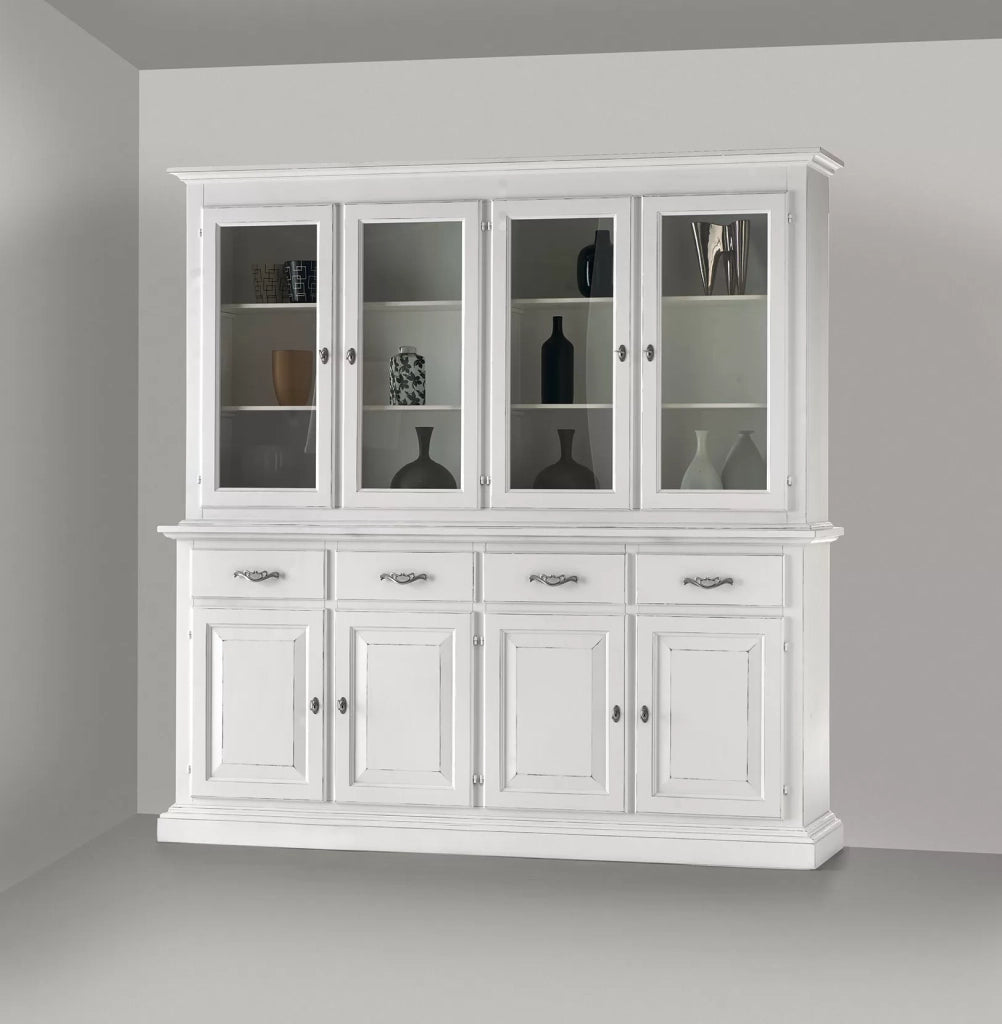 Cristalliera shabby chic in legno massello 8 porte bianco consumato l.222 p.51 h.226 - Mobili 2G
