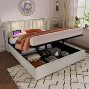 LETTO Contenitore 160x200 cm Lino Beige con luce da lettura e USB