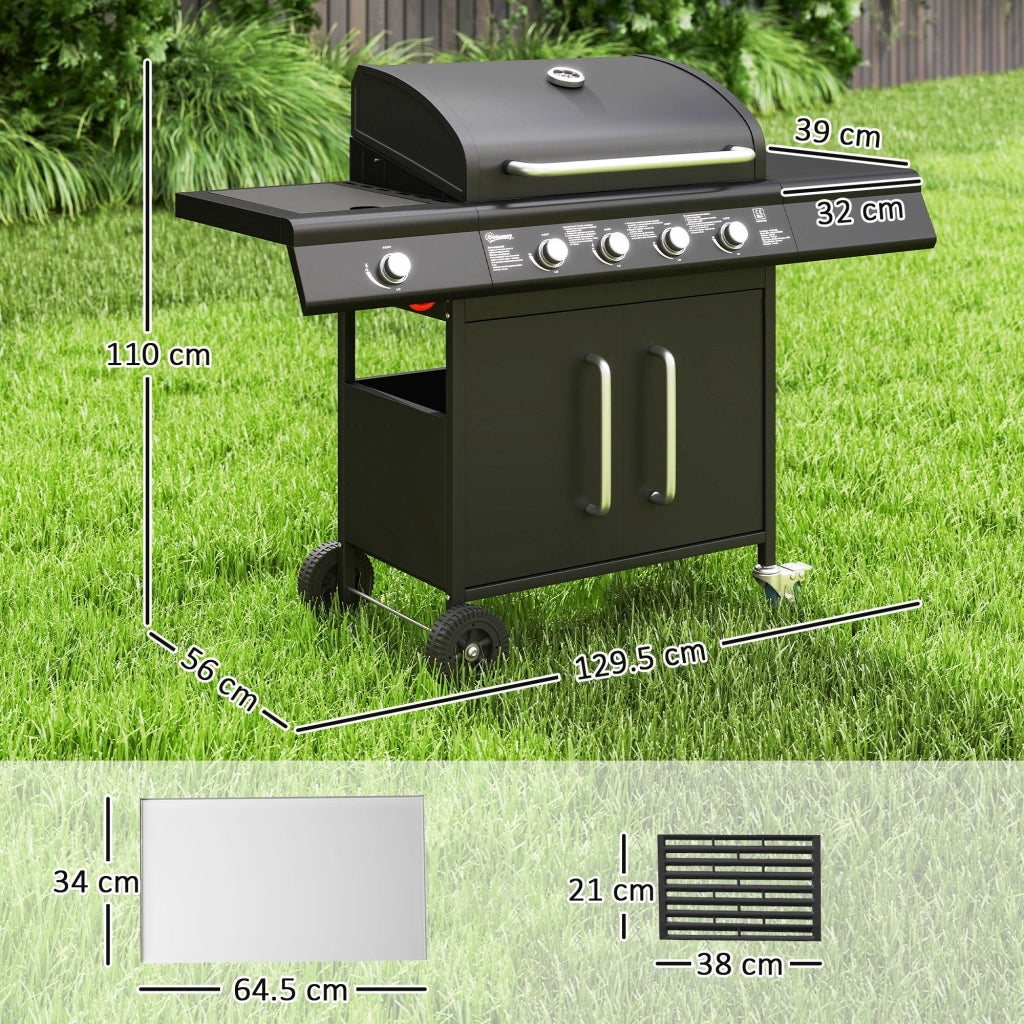 Barbecue a Gas con Fornello Laterale 129,5x56x110 cm Tavolino e Armadietto in Acciaio e PP Nero