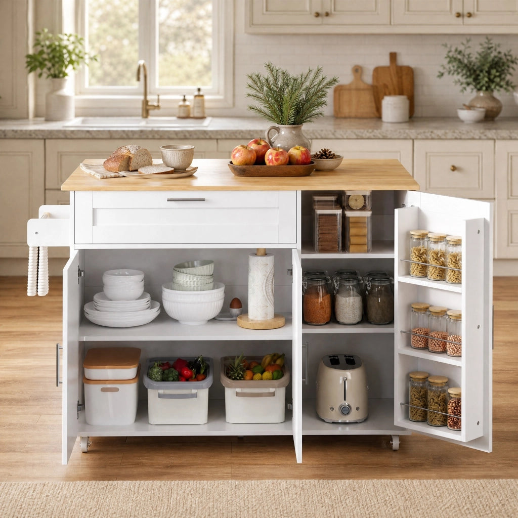 Carrello da cucina mobile con piano ribaltabile, 132,5x44(70)x90 cm, bianco/naturale, con ampio spazio contenitivo