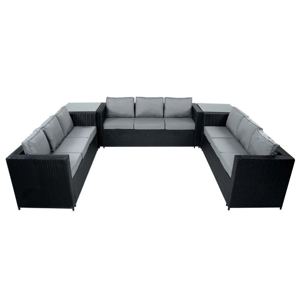 Set Giardino Rattan 11 Posti Nero Divani Sgabelli Tavolo Firepit